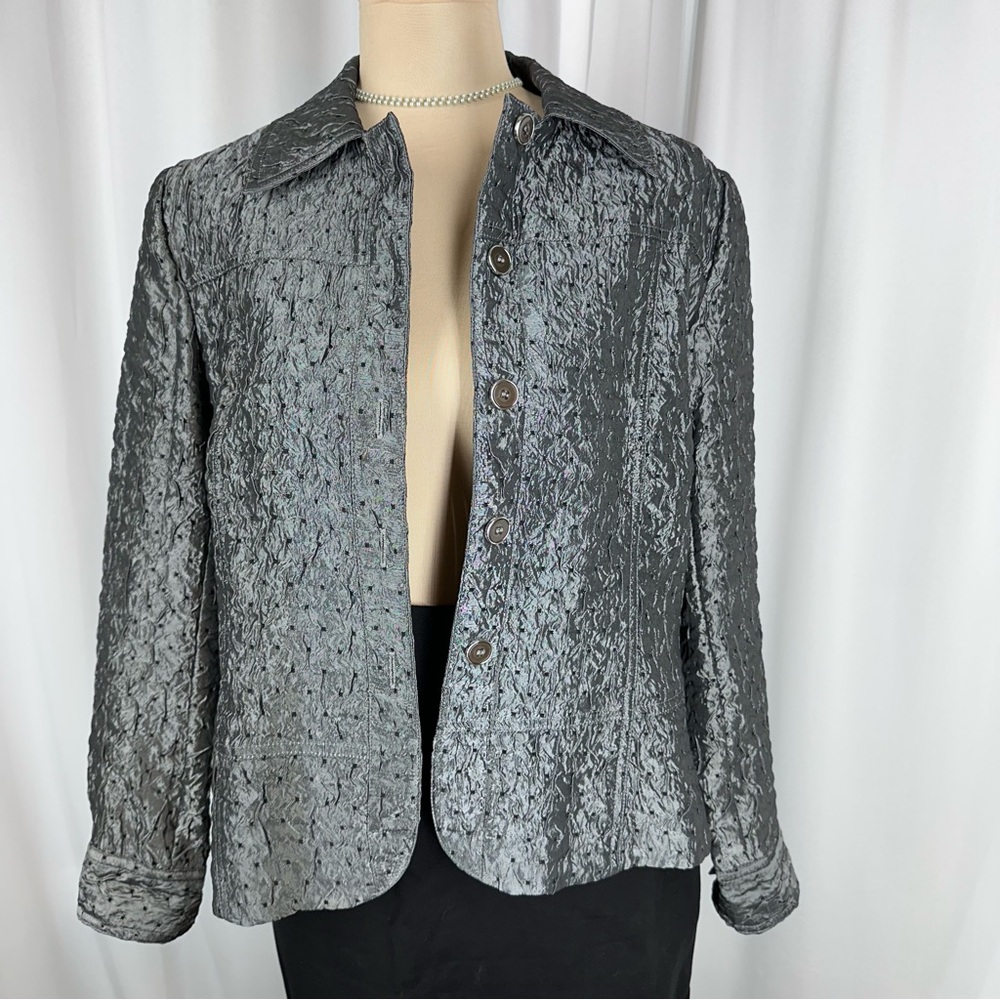 Erin London‎ Women’s Crinkle Shimmery Silky Gray Jacket Size PM Office Textured